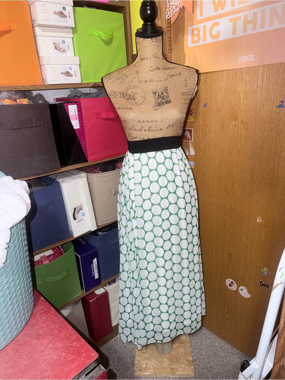 LuLaRoe White Maxi Skirt with Green Polka Dots
